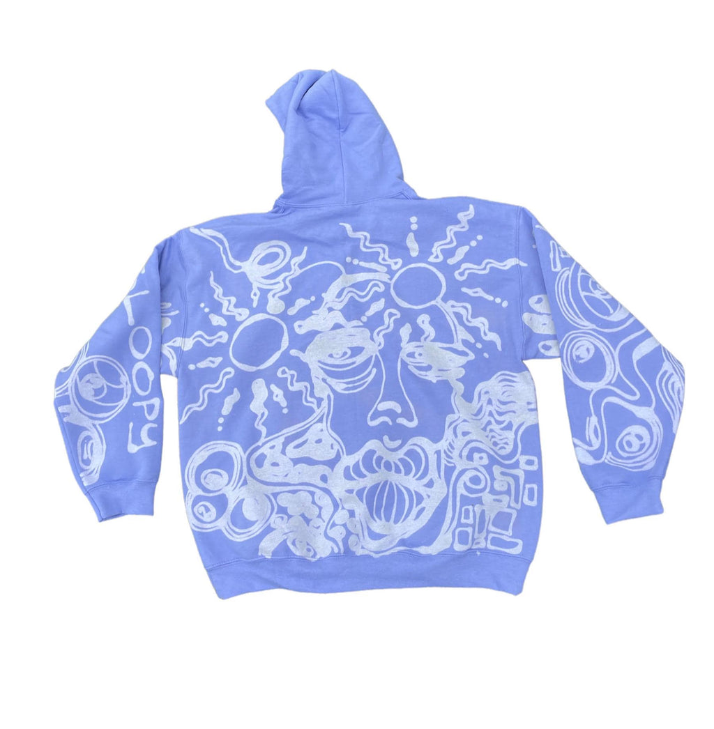 .Abstract faces, floral pattern, and geometric style hoodie in burgandy and cream