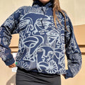 Handmade and one of a kind funky one line faces faces, trippy topographic/ pinstripe/floral abstract pattern cozy hoodie in navy and grey