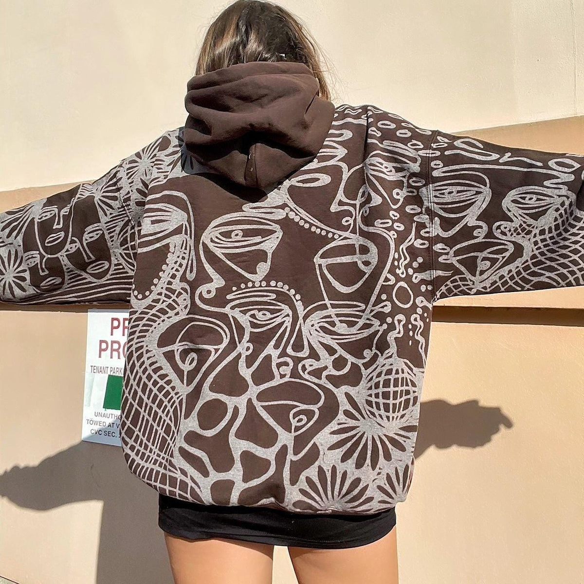 Handmade and one of a kind funky one line faces faces, trippy topographic/ pinstripe/floral abstract pattern cozy hoodie in navy and grey