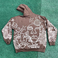 Abstract faces, disco ball, stars, and trippy patterns festival style style hoodie in brown and cream