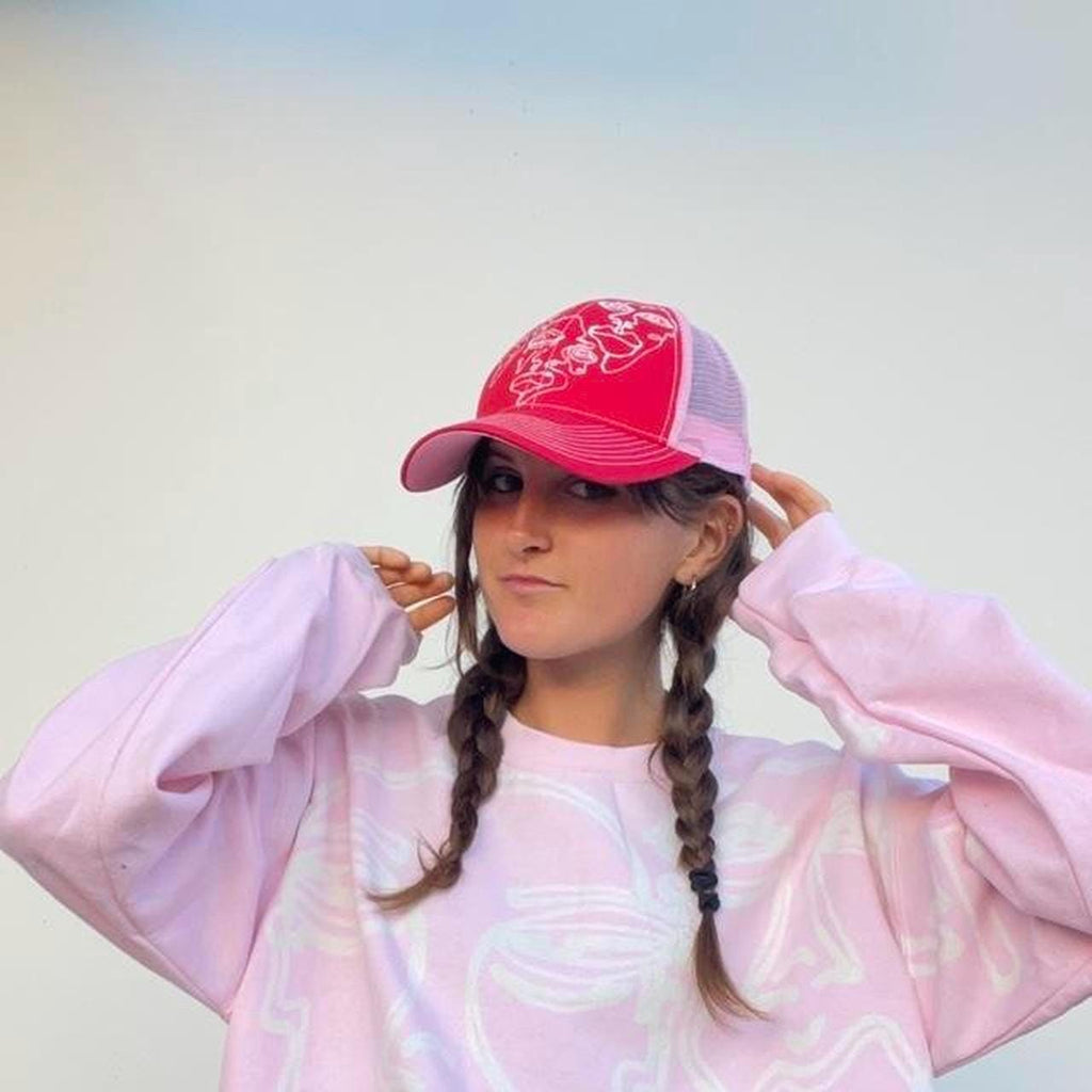 handpainted graphic faces, waves, and abstract pattern trucker festival hats