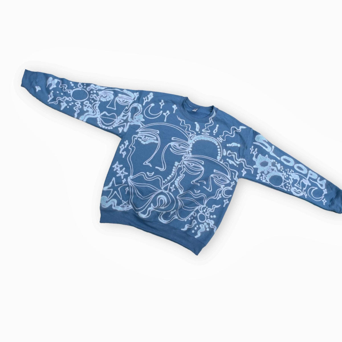 .Abstract faces, floral pattern, and geometric style hoodie in burgandy and cream